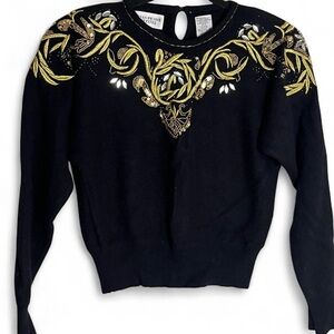 Vintage wool & angora blend beaded rhinestone embroidered cropped sweater 1980s